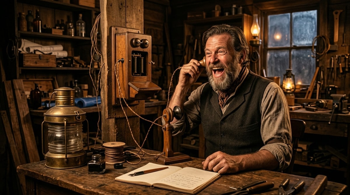 Inventeur du XIXe siècle criant dans un téléphone ancien