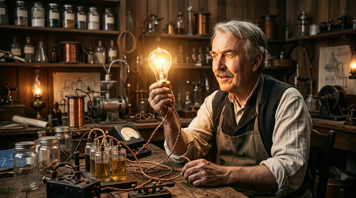 Inventeur tenant une ampoule à filament allumée dans son atelier
