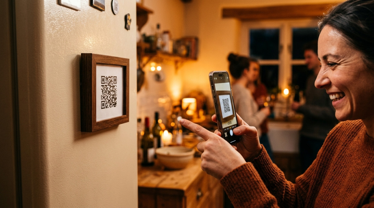 Invité scannant un QR code Wi-Fi encadré sur un frigo