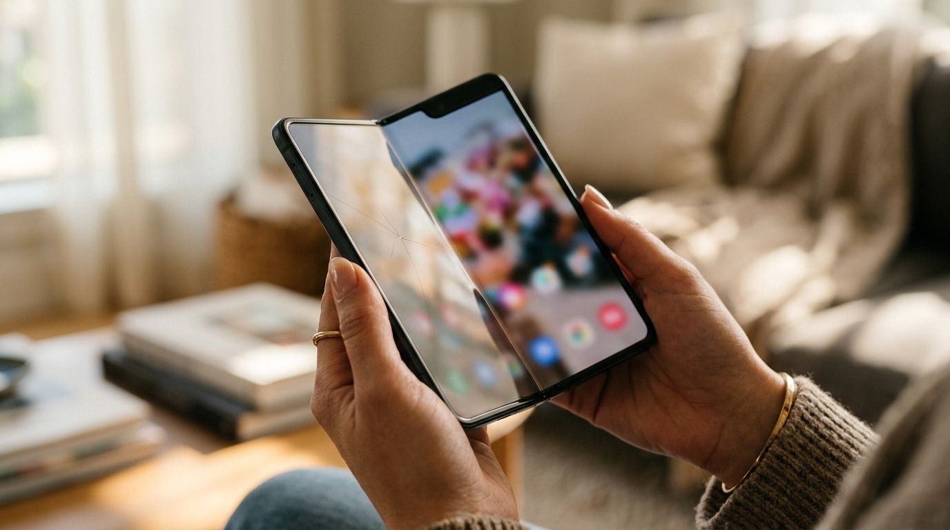 Smartphone pliant entrouvert avec fine fissure près de la charnière