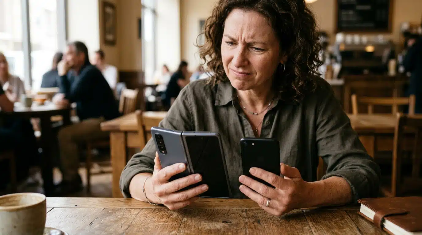 Personne hésitante comparant un pliant épais et un smartphone classique