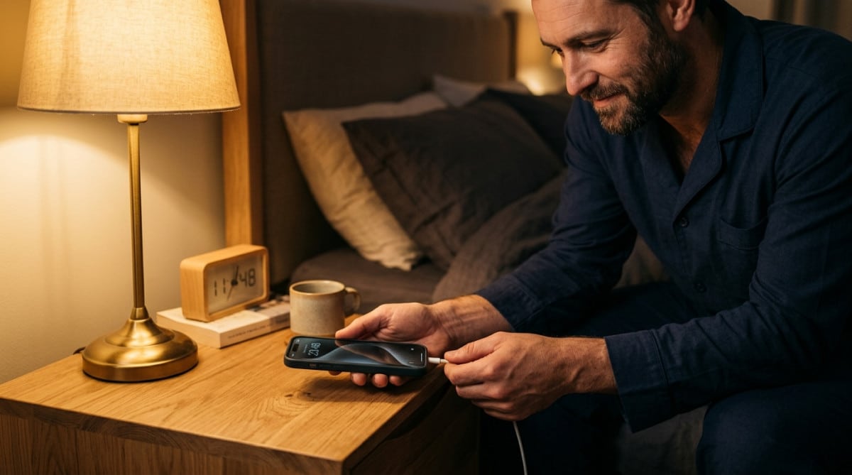 iPhone en charge sur une table de chevet la nuit