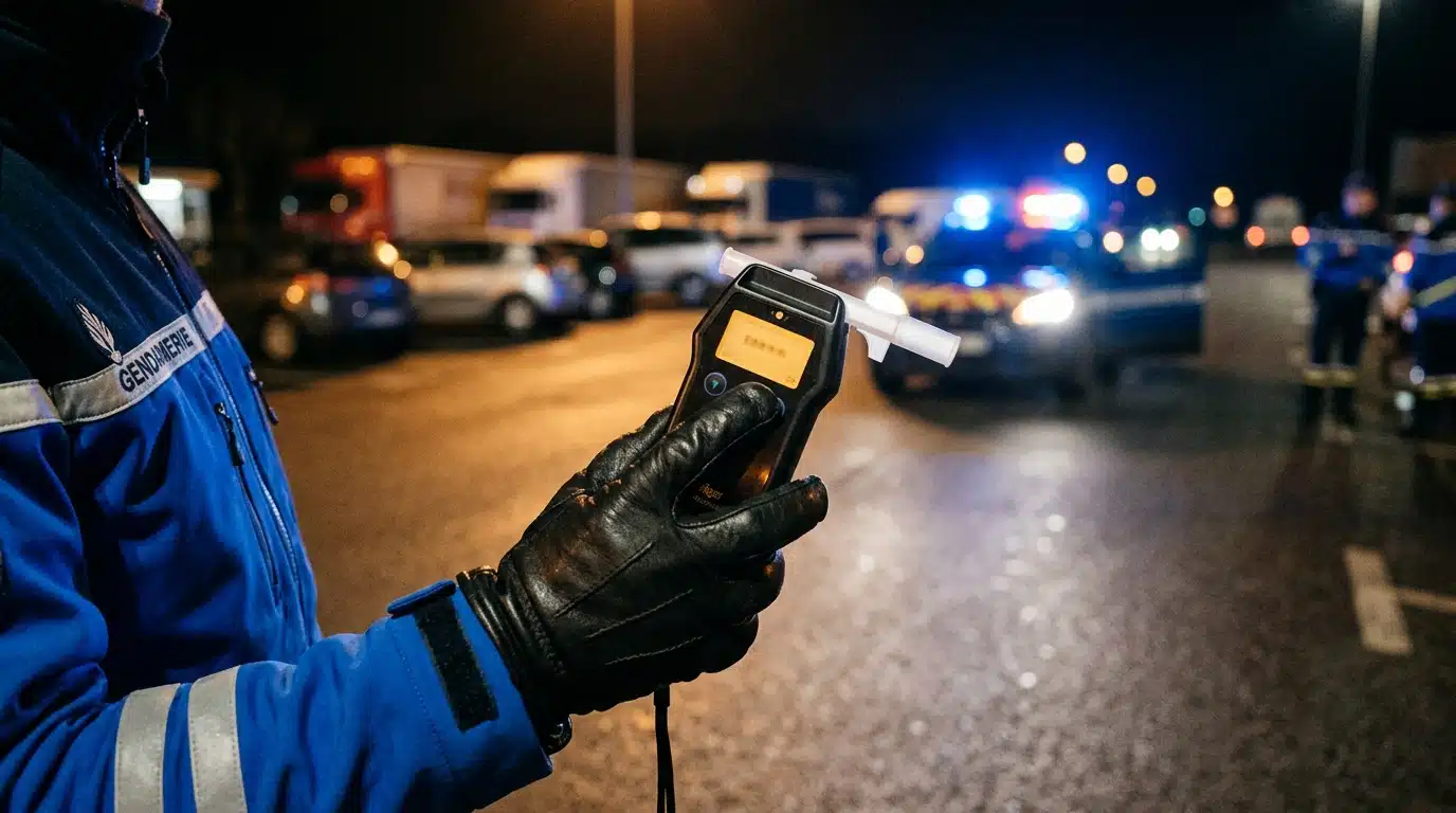Main gantée tenant un éthylotest sur une aire d'autoroute de nuit