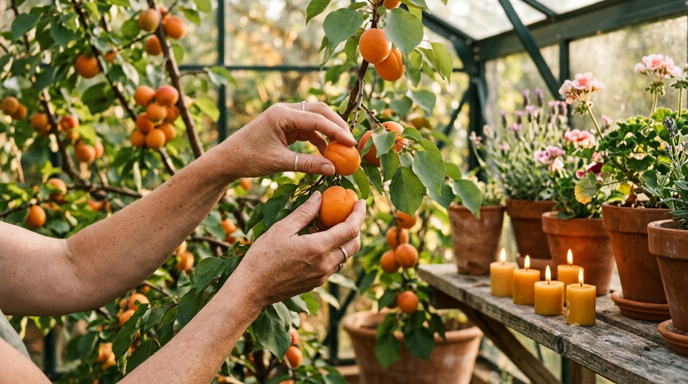 Mains cueillant des abricots dans une serre