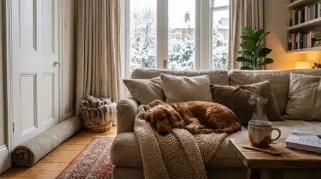 Cocker spaniel sur un canapé près d'un boudin de porte
