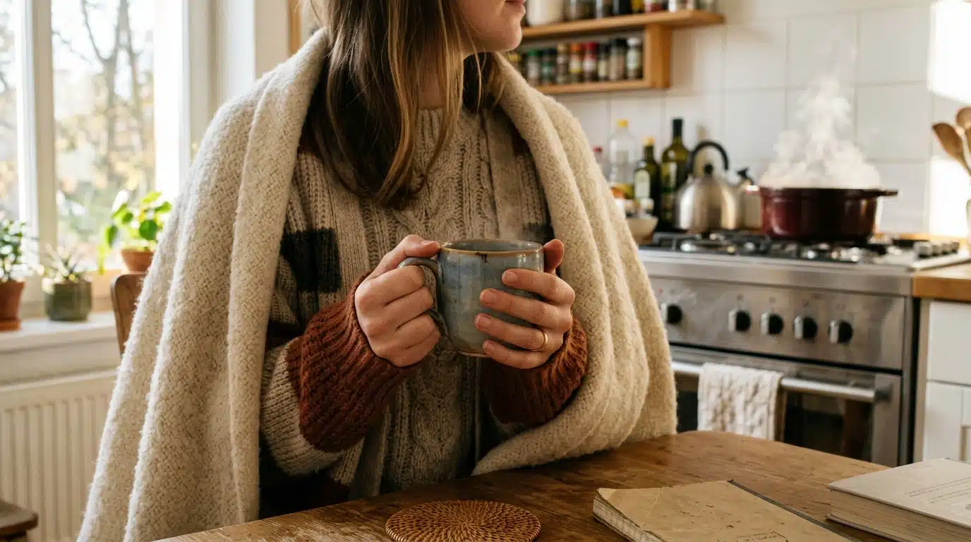 Mains autour d'une tasse fumante, vêtements superposés en cuisine