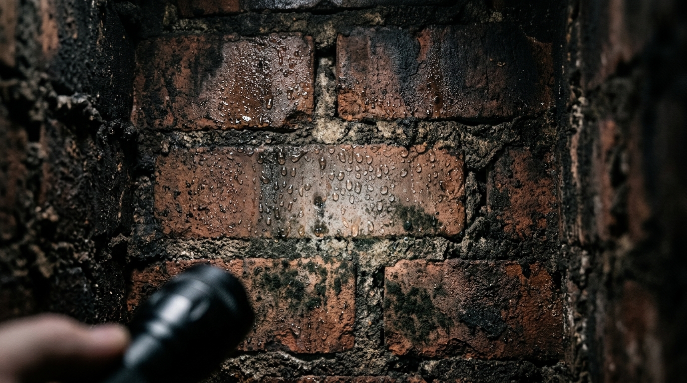 Parois d'un conduit couvertes de condensation et de moisissures