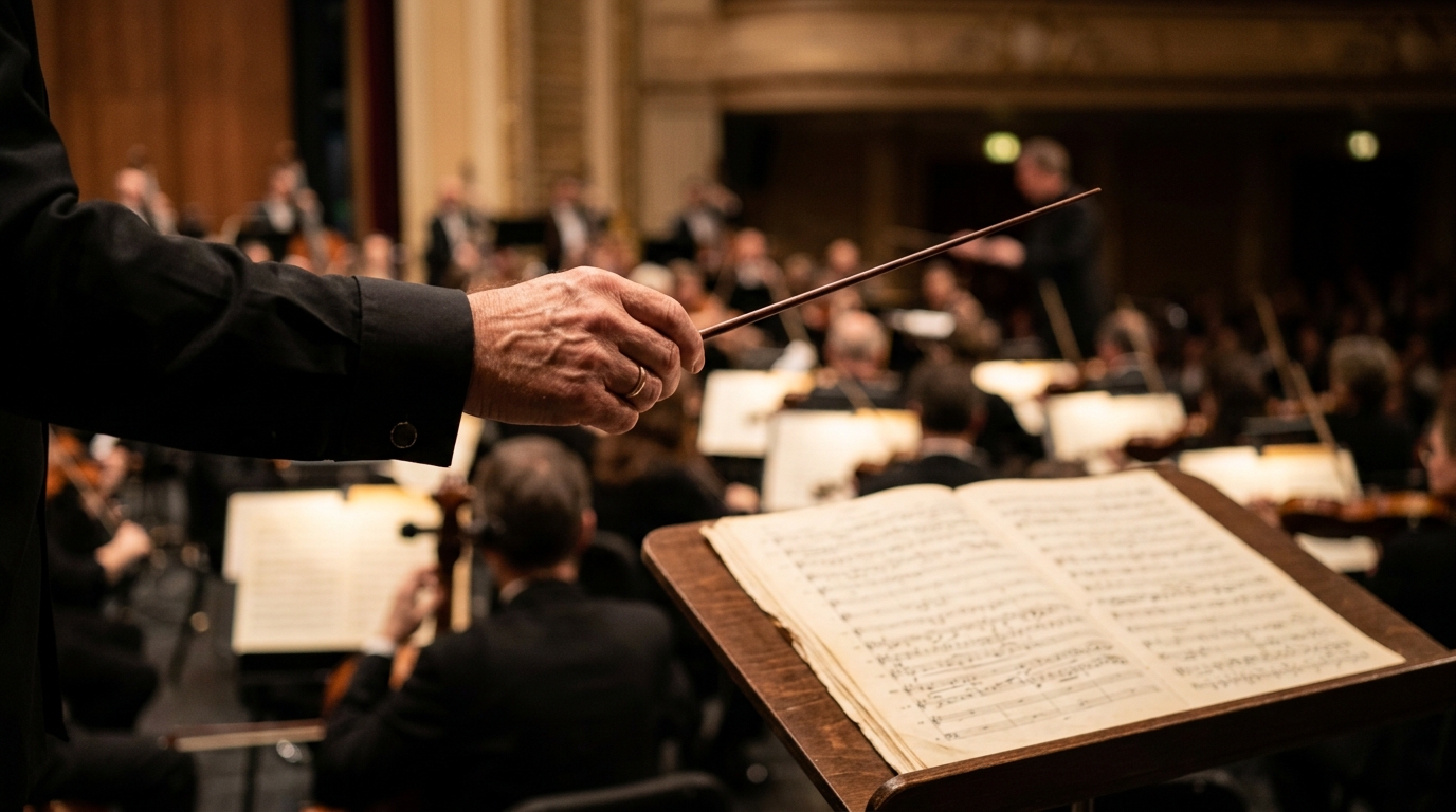 Main gauche tenant une baguette devant un orchestre flou