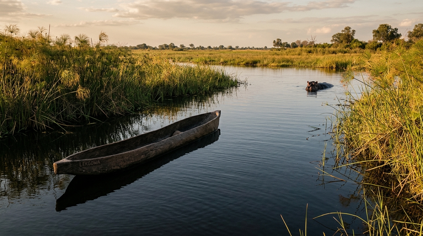 Pirogue en bois sur l'eau, hippopotame au loin dans le delta