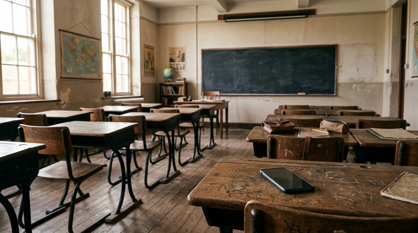 Salle de classe vide avec smartphone posé sur un bureau