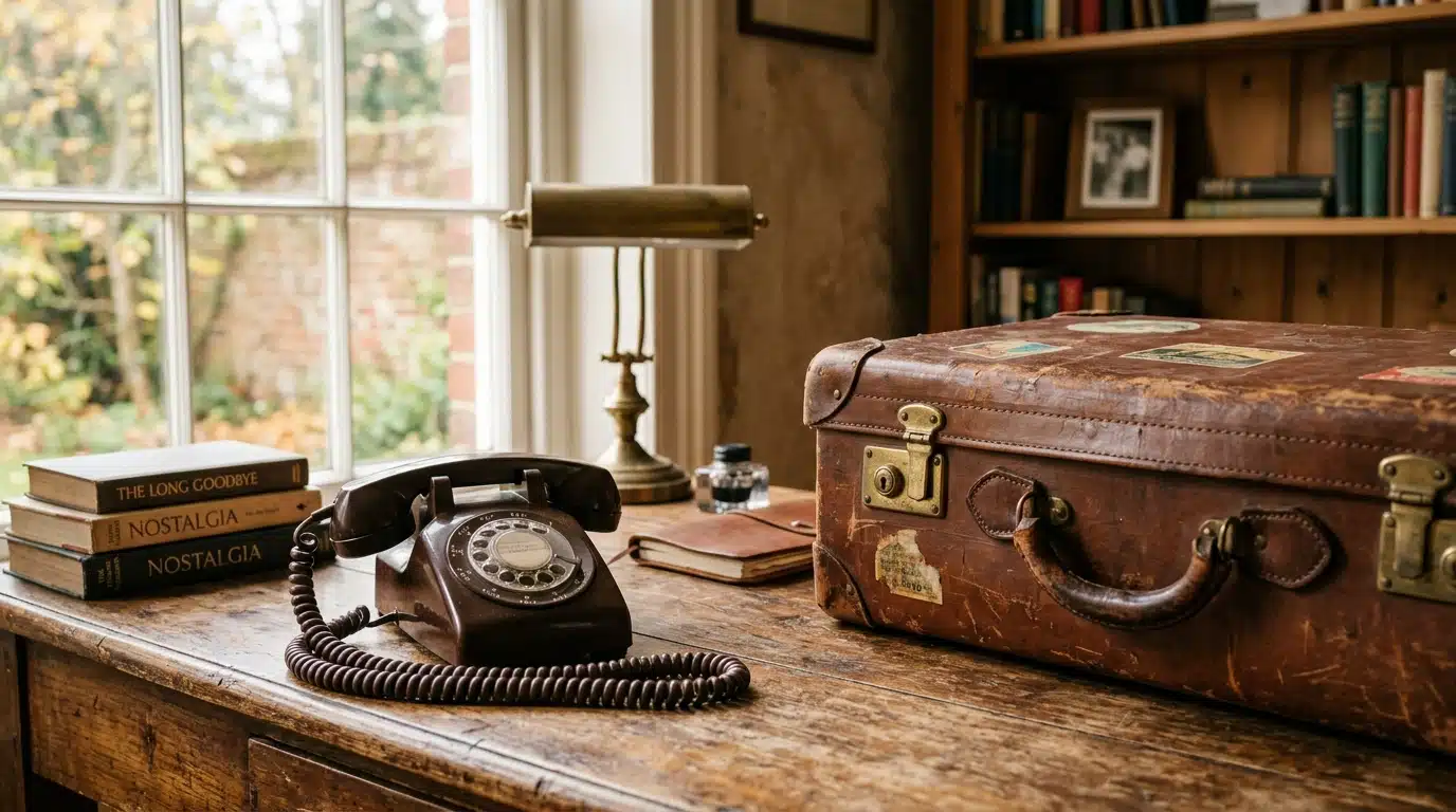 Téléphone ancien posé sur un bureau près d'une valise