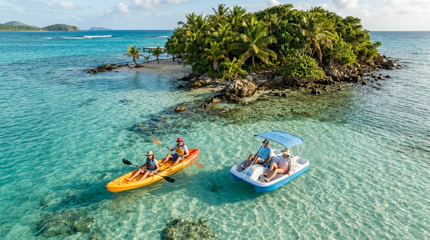 Kayak et pédalo près d'un îlot en mer