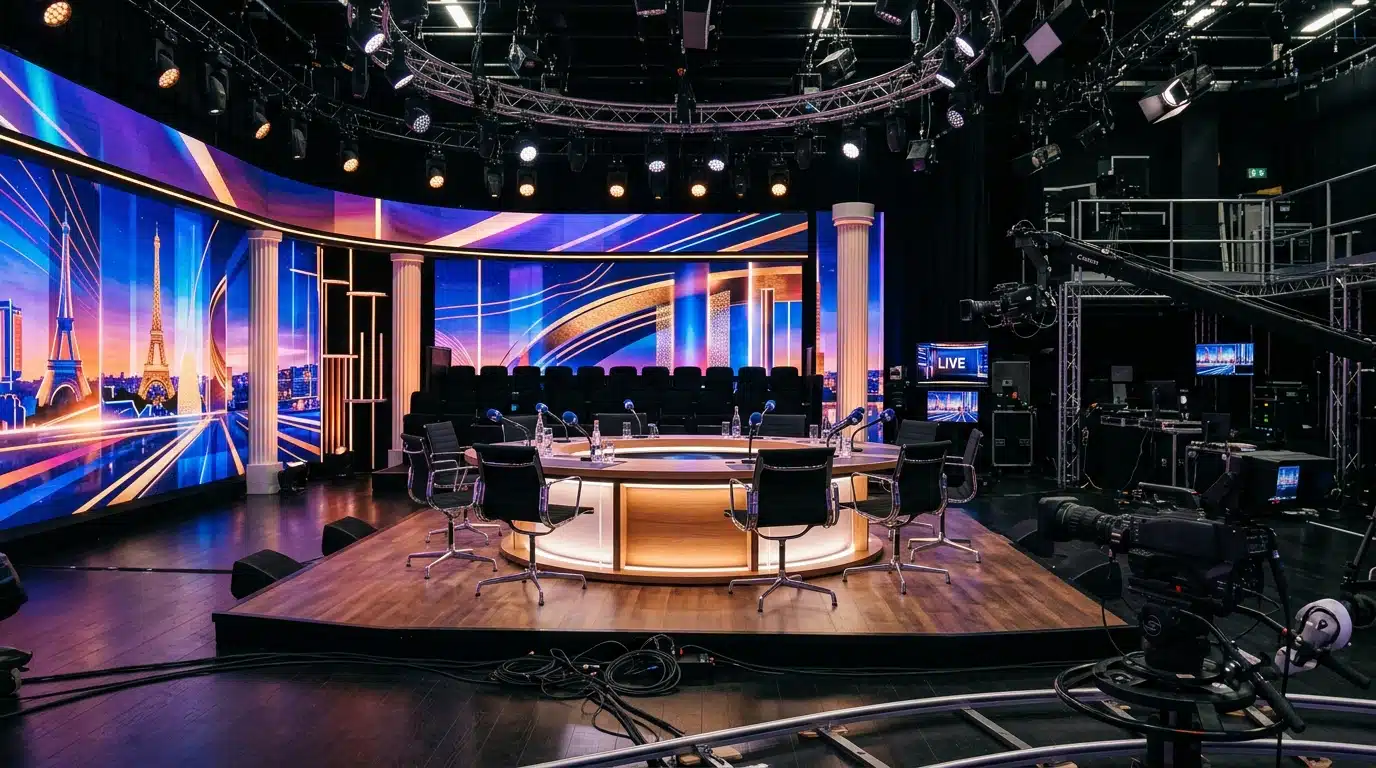 Plateau de télévision vide avec table de débat et fauteuils, ambiance talk-show