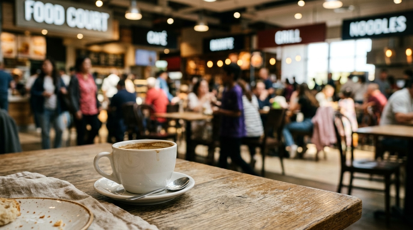 Tasse de café abandonnée sur une table de restaurant