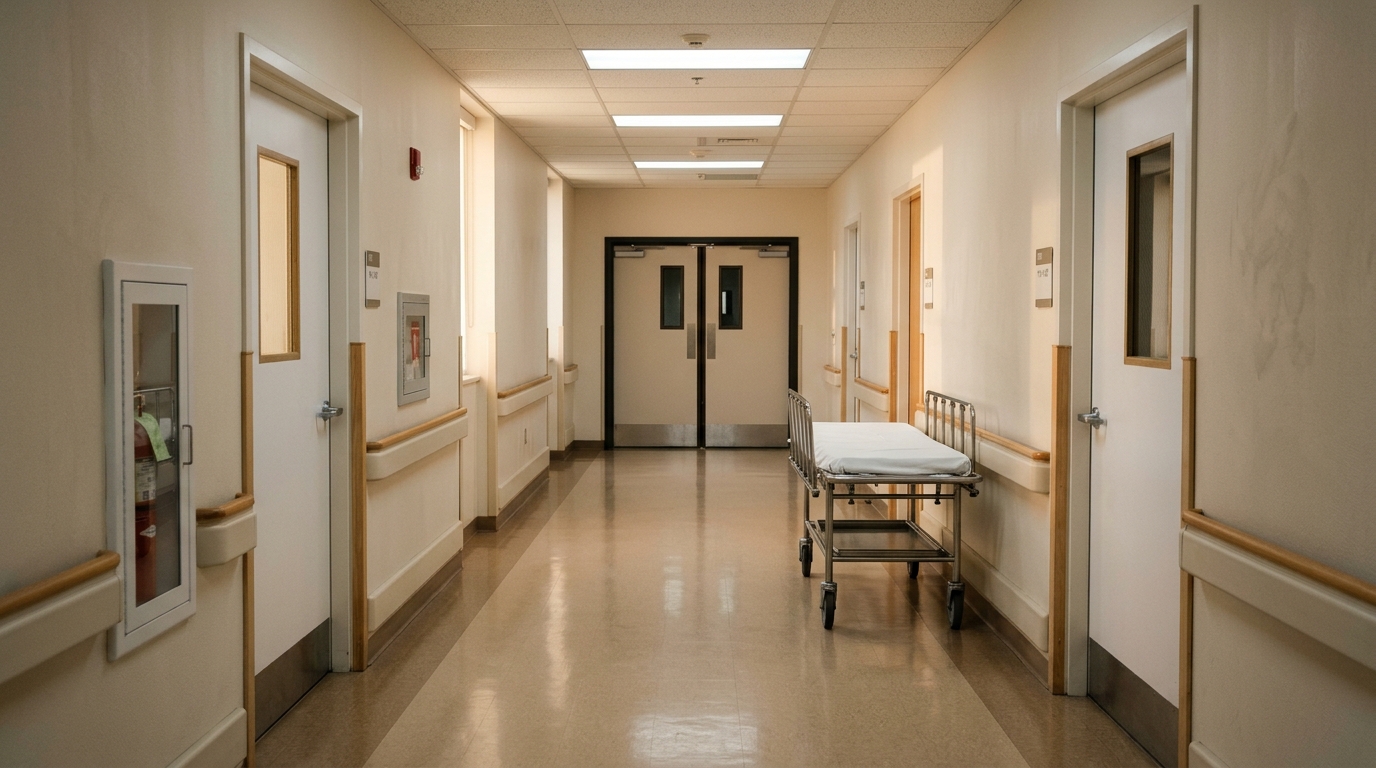Couloir d'hôpital vide avec un brancard au fond