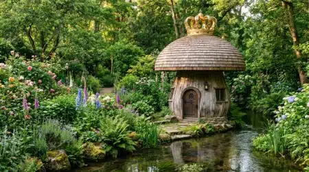 Maison-champignon en bois au fond d'un jardin