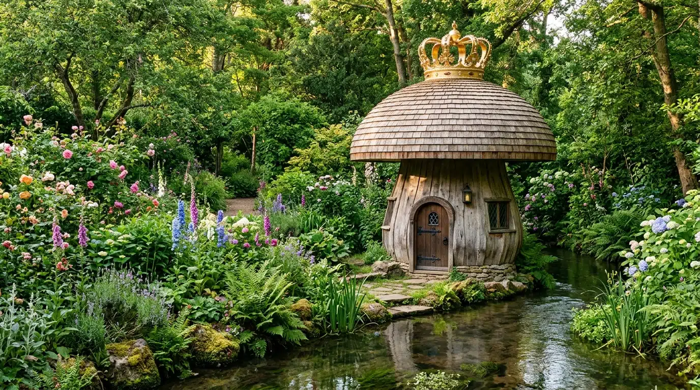 Maison-champignon en bois au fond d'un jardin