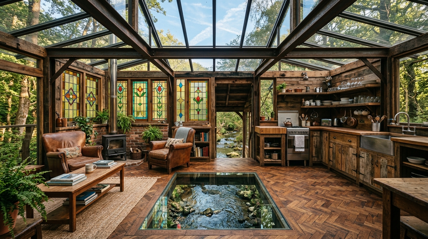 Plancher en verre au-dessus d'une rivière dans une cabane