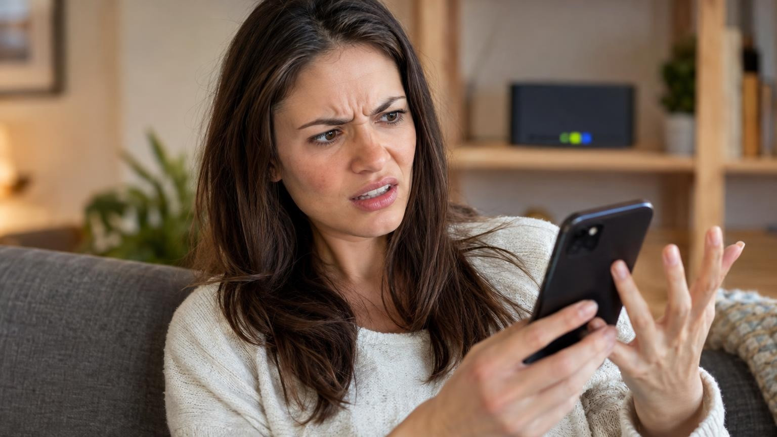 Personne stupéfaite tenant un smartphone dans son salon