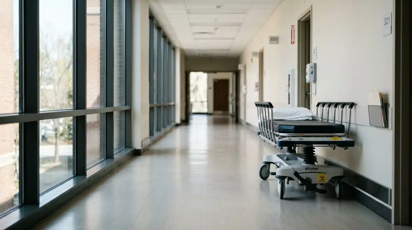 Couloir d'hôpital vide avec un brancard, évoquant l'hospitalisation d'Éric Judor