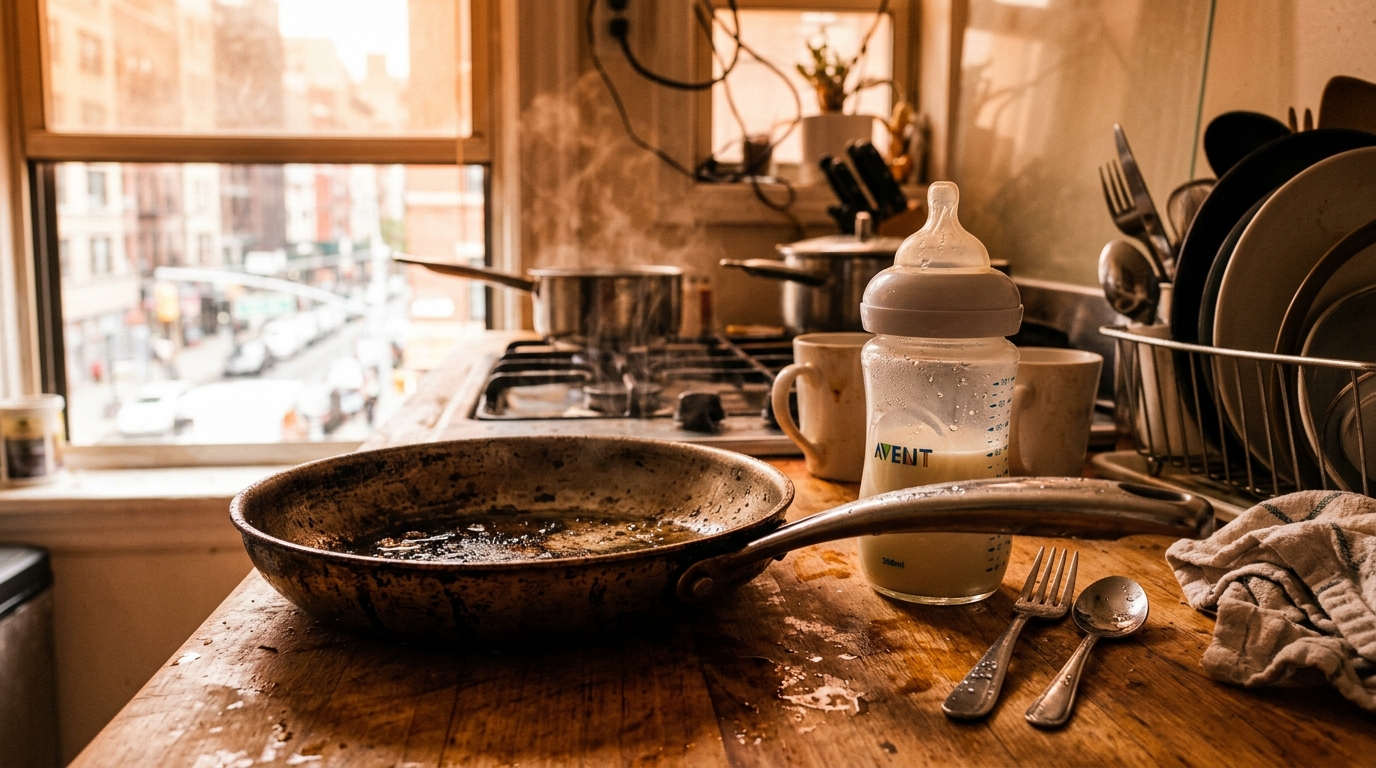 Poêle, biberon en verre et couverts dans une cuisine surchauffée