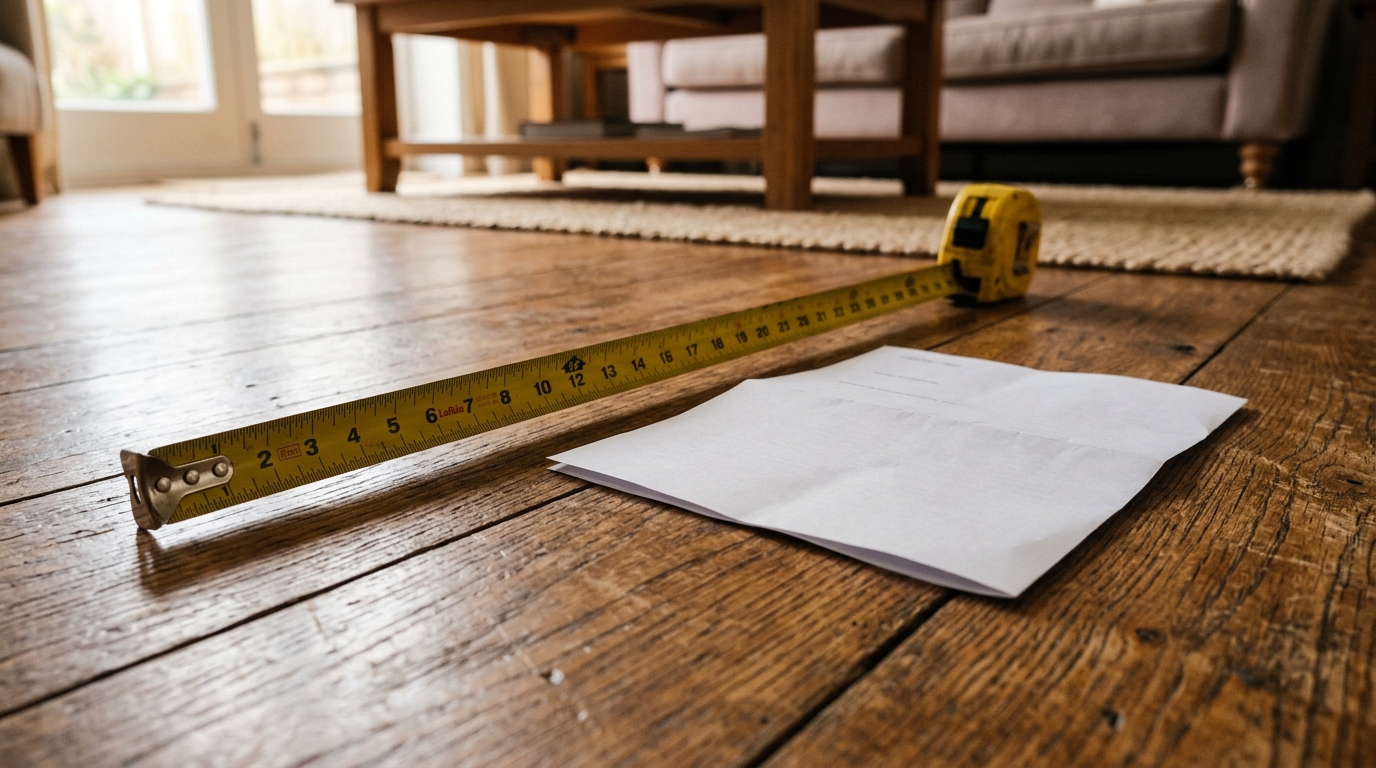 Mètre ruban sur parquet près d'un avis plié