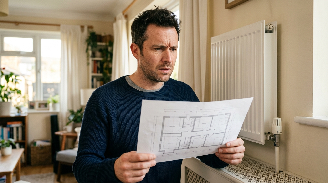 Homme perplexe devant un radiateur avec un plan
