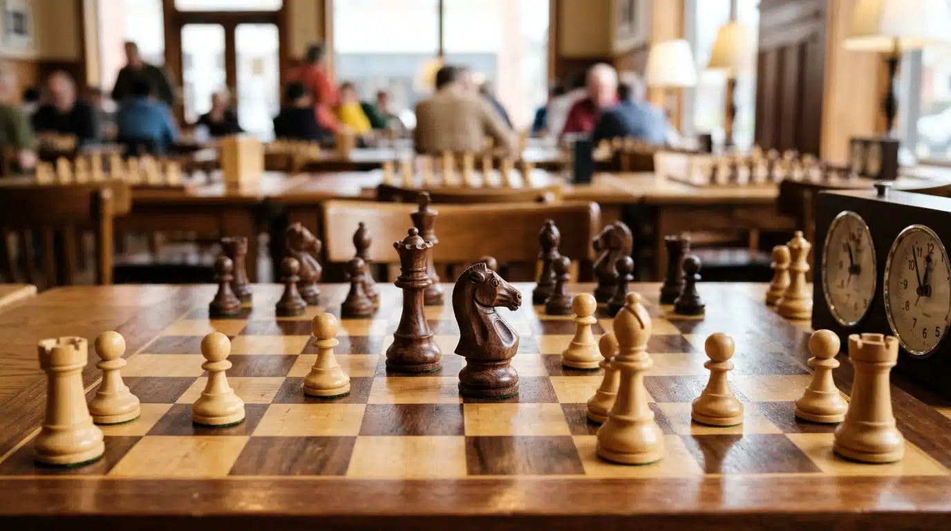 Échiquier en bois dans un club d'échecs animé