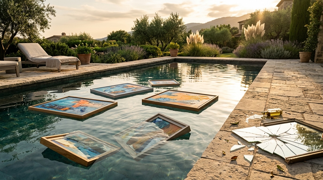 Tableaux abîmés flottant dans une piscine de luxe