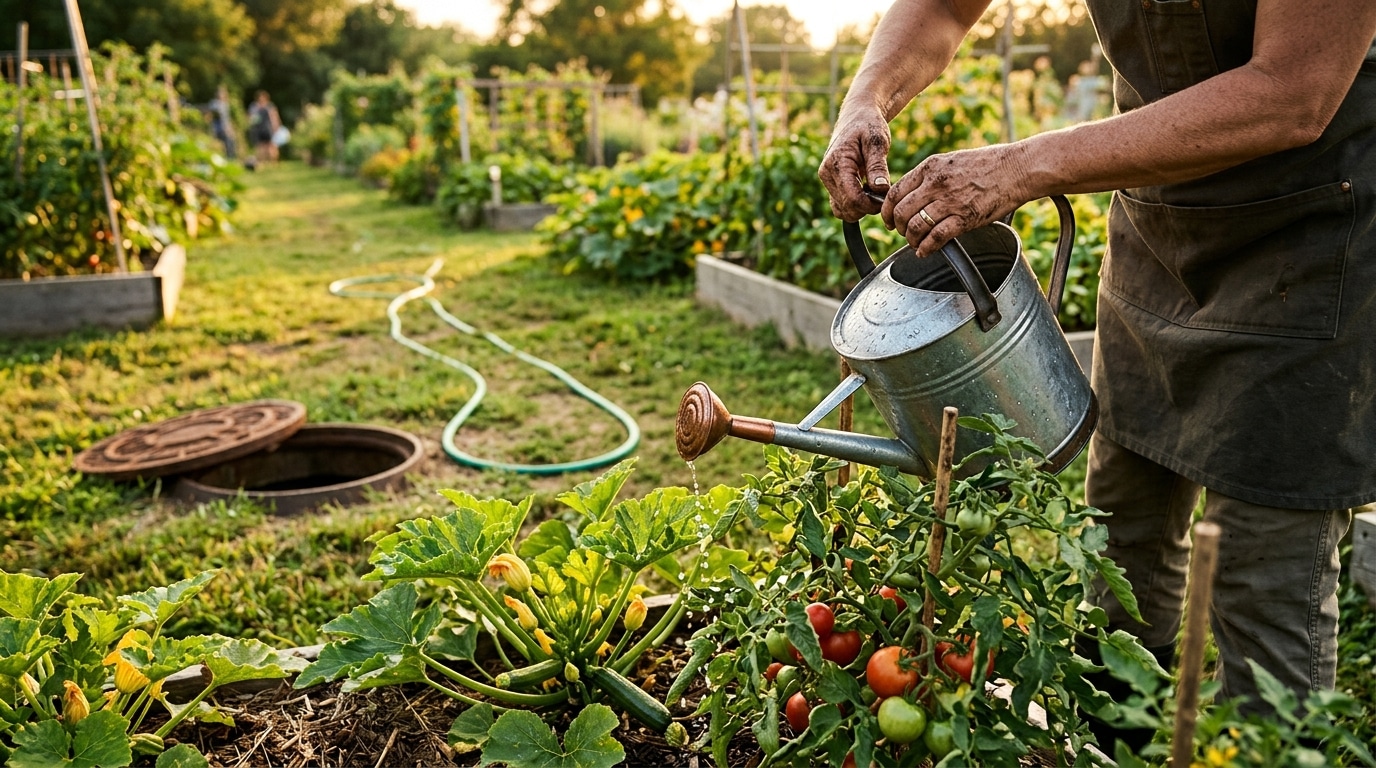 Mains arrosant des tomates avec un arrosoir au potager