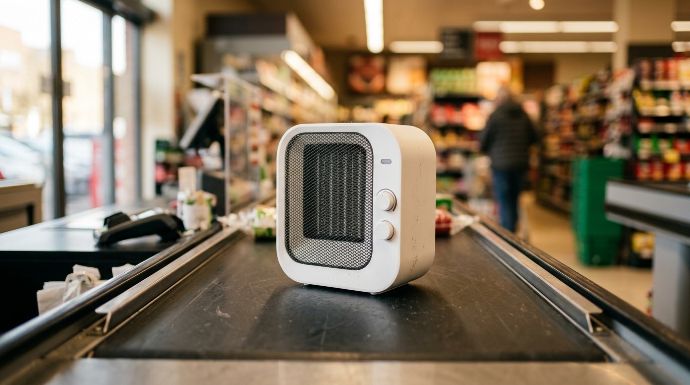 Petit poêle blanc posé sur un tapis de caisse