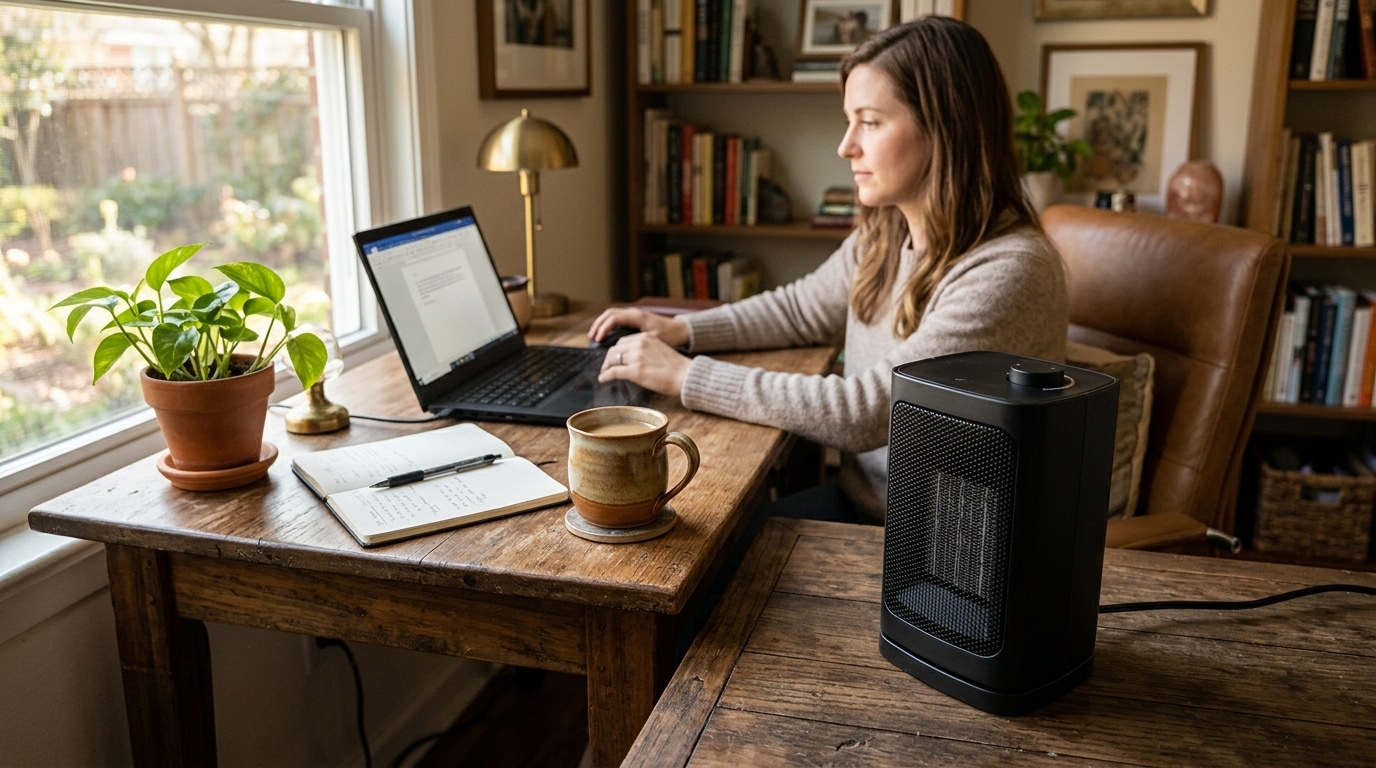 Chauffage d'appoint noir dans un bureau douillet