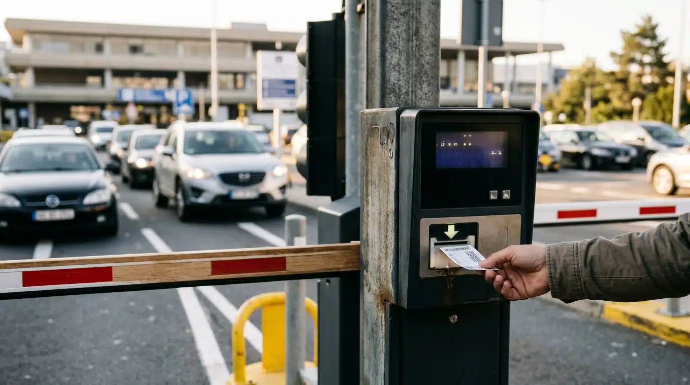 Borne de sortie de parking avec ticket en main
