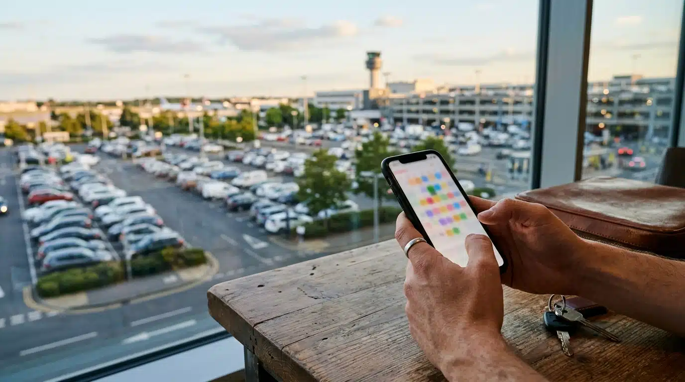 Mains tenant un smartphone près d'une valise et de clés