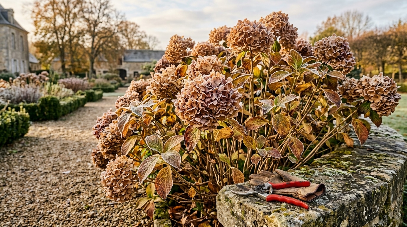 Hortensia aux têtes sèches dans un jardin d'automne