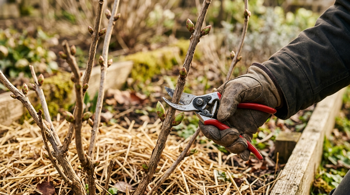 Mains gantées et sécateur près d'un bourgeon d'hortensia