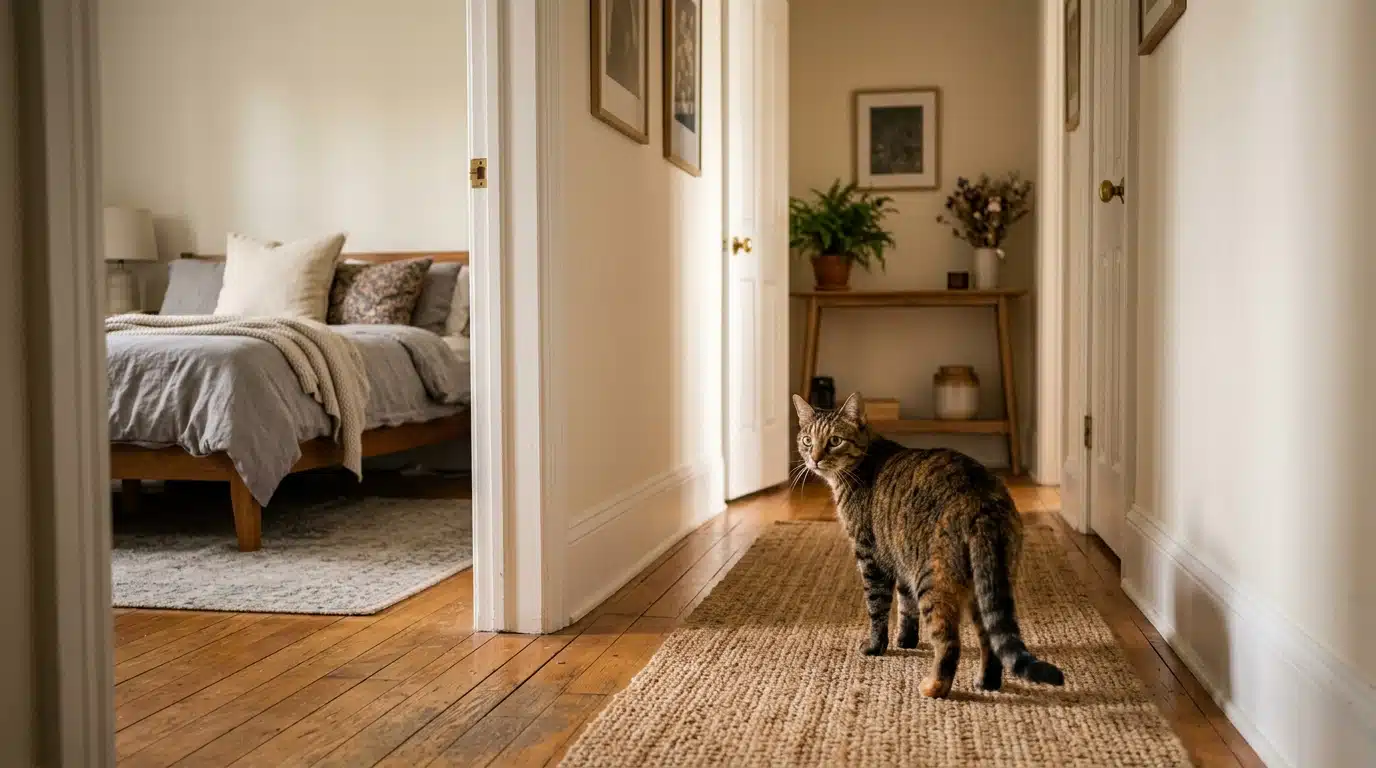 Chat tigré s'éloignant dans un couloir vers une autre chambre