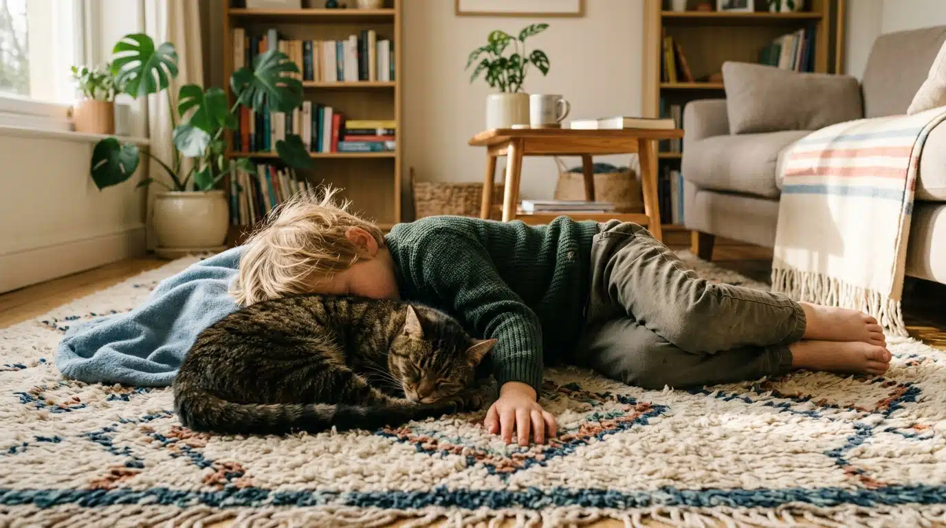 Enfant allongé sur un tapis avec un chat blotti à côté
