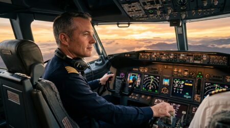 Passager concentré aux commandes d'un cockpit d'avion
