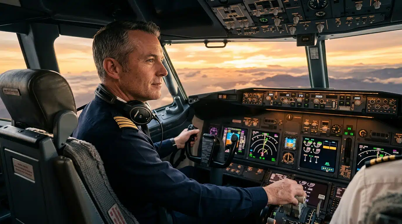 Passager concentré aux commandes d'un cockpit d'avion