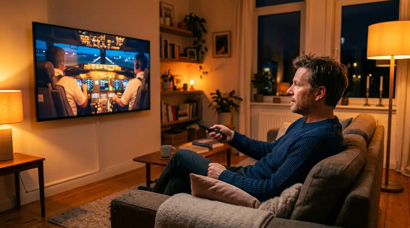 Homme regardant un documentaire sur l'aviation à la télévision