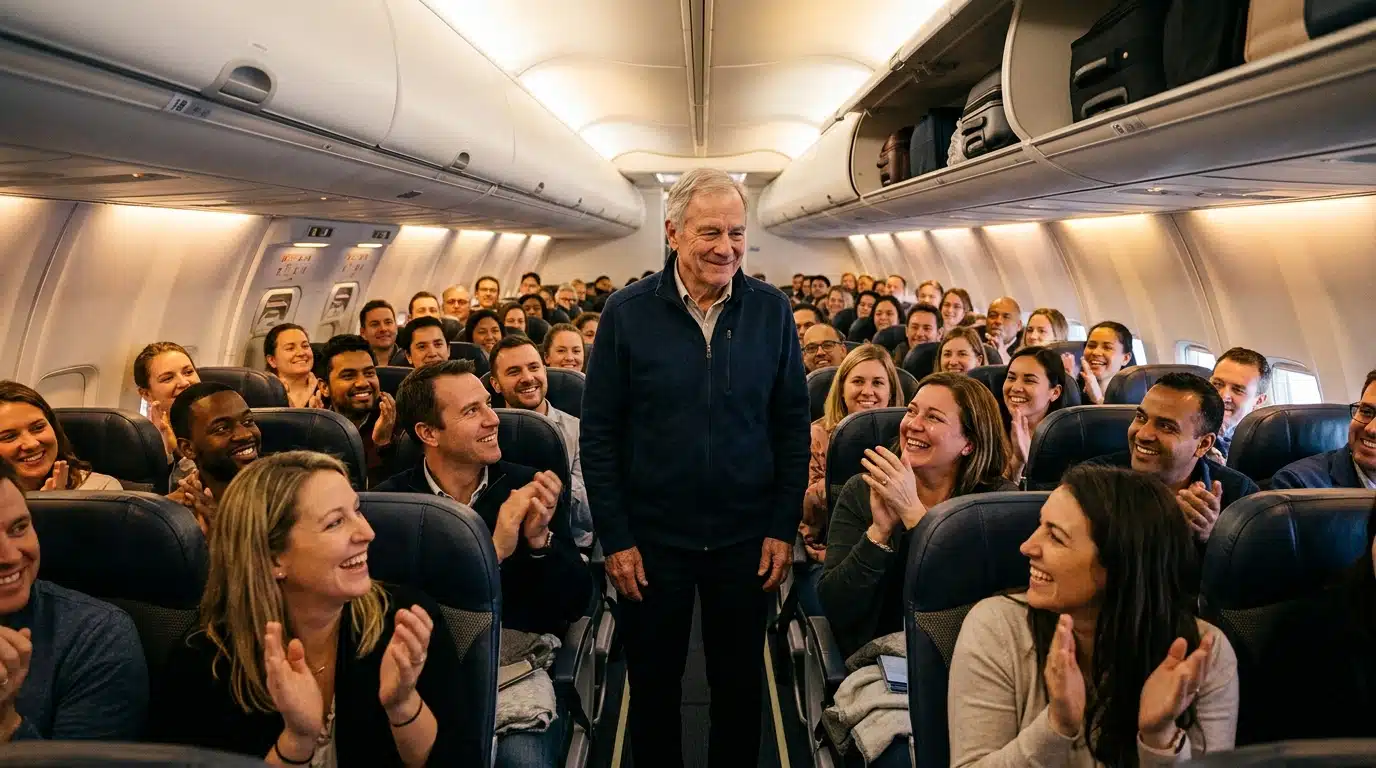 Passagers soulagés applaudissant un héros ordinaire en cabine