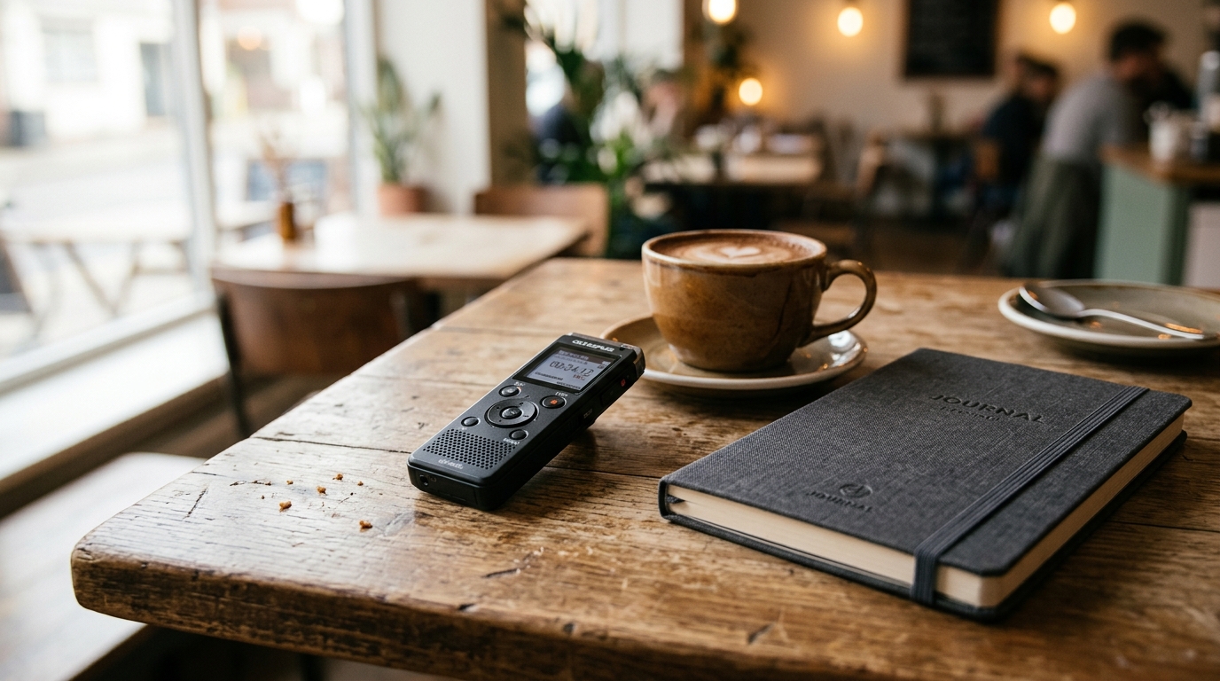Dictaphone posé sur une table de café à côté d'un carnet, symbole de l'interview de Boris