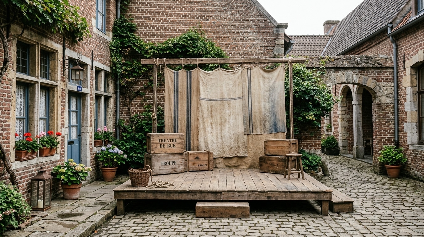 Petite scène de théâtre de rue dans une cour en briques