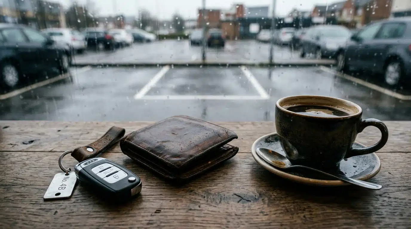 Clé de voiture et portefeuille usé sur une table, à côté d'une tasse de café