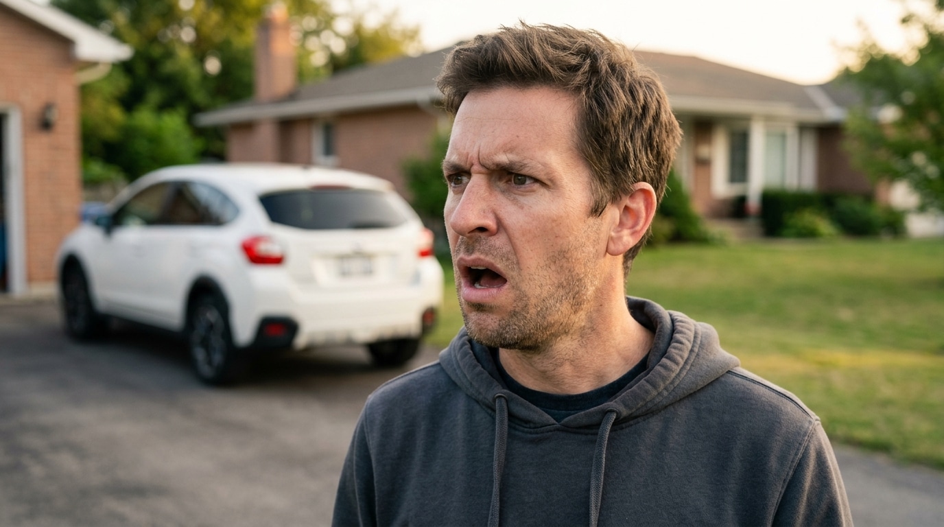 Homme sidéré devant l'allée de sa maison