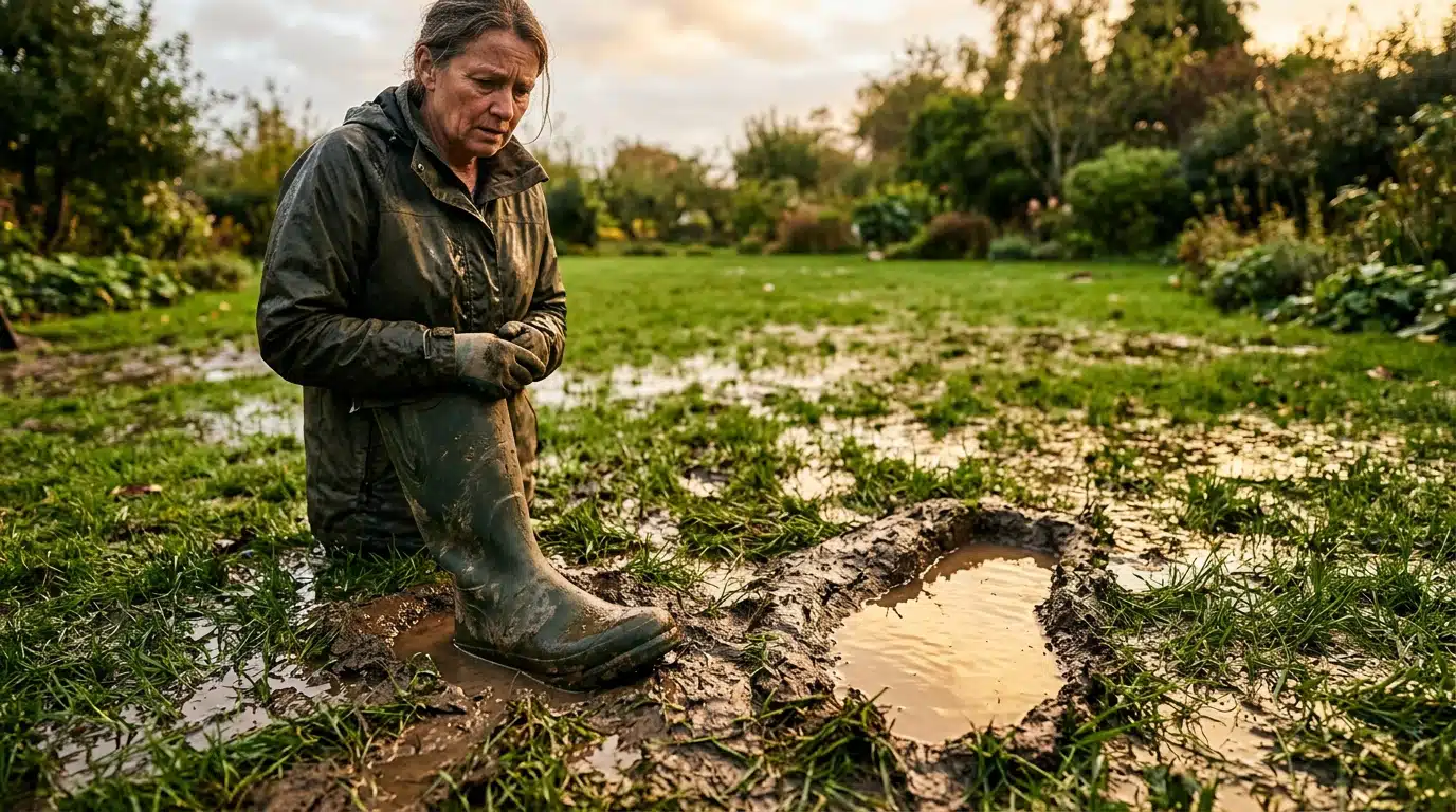 Empreinte de botte dans une pelouse détrempée après l'orage