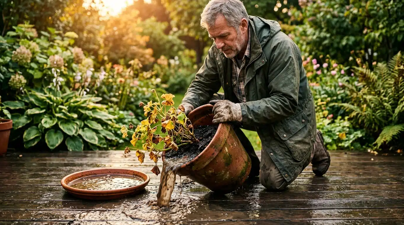 Jardinier vidant l'eau d'un pot de fleurs inondé