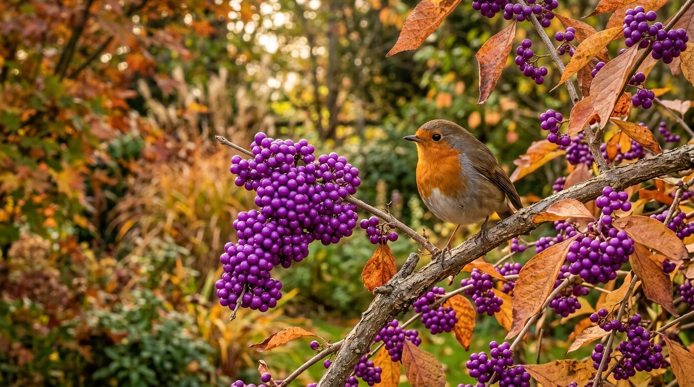 Baies violettes de callicarpe et rouge-gorge en automne