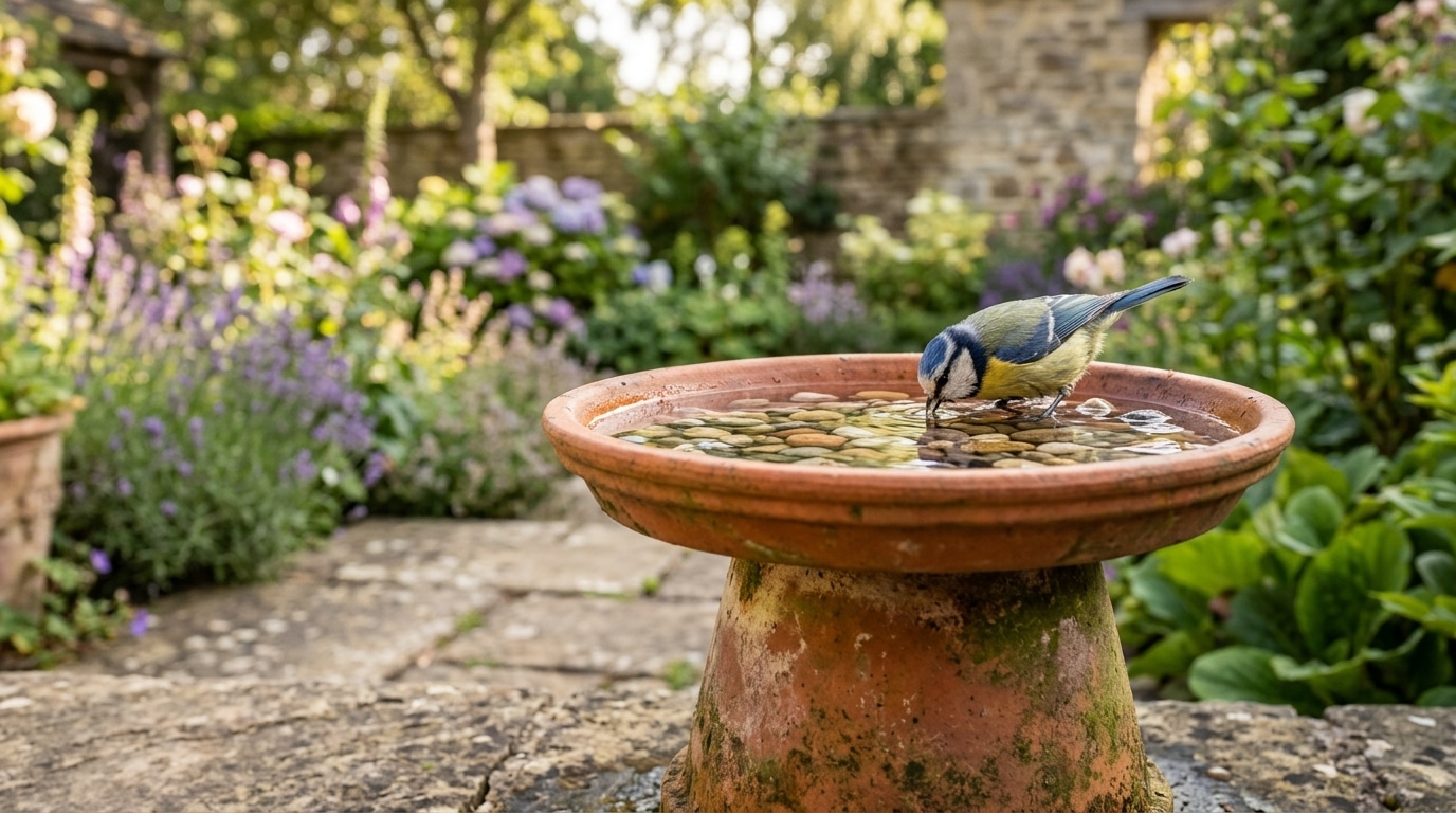 Bain d'oiseaux fait d'un pot renversé et d'une soucoupe